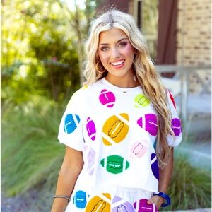 Queen of Sparkles White Fuzzy Multi Color Football Top 🏈 Size XL
